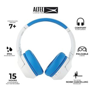 Altec Lansing Kid Safe Noise Cancelling Wireless Headphones 15H Battery, 85dB Volume Limit, Foldable Design Powerful Sound, Active Noise Cancellation Perfect for Kids Ages 7+ (Whiteout Wave Blue)