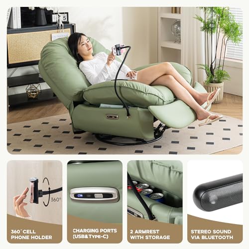 Power Recliner Sofa Voice Control Home Theater Seating with Adjustable Backrest Footrest Swivel Glider Chair with USB Charger, Bluetooth Music Player, Cellphone Holder for Living Room Bedroom (Green)