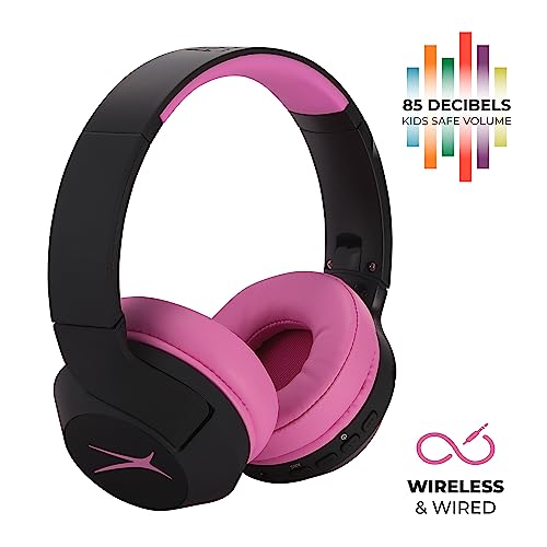 Altec Lansing Kid Safe Noise Cancelling Wireless Headphones 15H Battery, 85dB Volume Limit, Foldable Design Powerful Sound, Active Noise Cancellation Perfect for Kids Ages 7+ (Blackout Pop Pink)