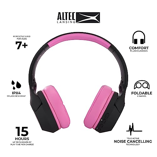 Altec Lansing Kid Safe Noise Cancelling Wireless Headphones 15H Battery, 85dB Volume Limit, Foldable Design Powerful Sound, Active Noise Cancellation Perfect for Kids Ages 7+ (Blackout Pop Pink)