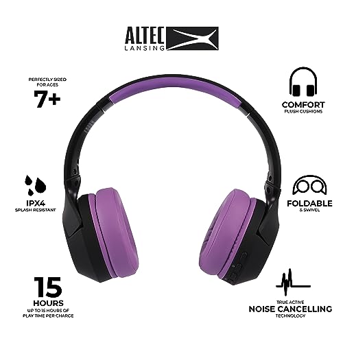 Altec Lansing Kid Safe Noise Cancelling Wireless Headphones 15H Battery, 85dB Volume Limit, Foldable Design Powerful Sound, Active Noise Cancellation Perfect for Kids Ages 7+ (Blackout Purple)