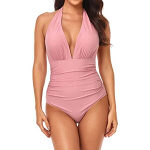 amidoa women's halter plunge vneck monokni swimsuit sexy ruched tummy control bathing suits bodycon padded one piece swimwear