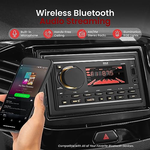 Pyle Boat Bluetooth Marine Stereo Receiver-Marine Head Unit Double DIN Stereo Receiver Power Amplifier-Hands-Free Calling,LCD,AM/FM/MP3/BT/USB/AUX-Remote Control,Wiring Harness-Pyle PLR2DN