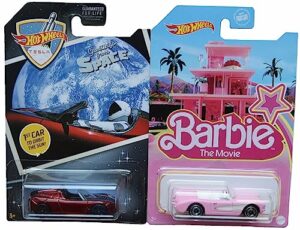 hot wheels 1956 corvett, barbie the movie and '08 tesla roadster