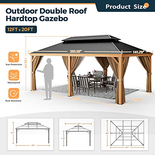 HAPPATIO 12' x 20' Hardtop Gazebo, Outdoor Wood Grain Frame Aluminum Gazebo with Galvanized Steel Double Roof, Patio Metal Gazebo Canopy with Netting and Curtains for Patio, Deck, Backyard (Beige)