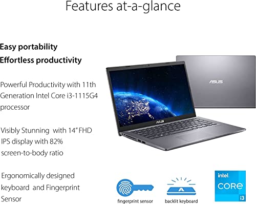 ASUS VivoBook Thin and Light Laptop 2022 | 14" FHD IPS Intel Core i3-1115G4 | 8GB DDR4 256GB NVMe SSD | Slate Grey HDMI USB-C Backlit Keyboard with FP Reader | Windows 11 Pro w/TLG 32GB USB