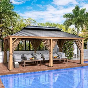 happatio 12' x 20' hardtop gazebo, outdoor wood grain aluminum gazebo with galvanized steel, patio double roof permanent metal gazebo canopy with netting and curtains for backyard, patio, deck (brown)