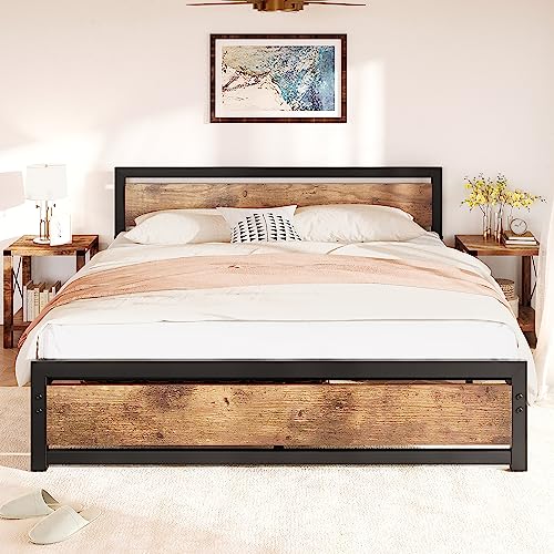 IDEALHOUSE Queen Size Bed Frame with Wooden Headboard and Footboard, Metal Queen Bed Platform No Box Spring Needed, 14 inch Easy to Assemble Noise Free Queen Bed Frame, Rustic Brown