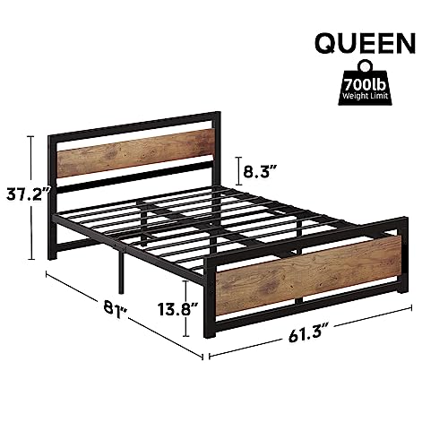 IDEALHOUSE Queen Size Bed Frame with Wooden Headboard and Footboard, Metal Queen Bed Platform No Box Spring Needed, 14 inch Easy to Assemble Noise Free Queen Bed Frame, Rustic Brown