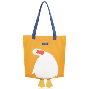 meetpet cute canvas tote bag for women and teen girls, reusable cotton cloth bag for lunch grocery school shopping and beach (shoulder carry yellow duck)