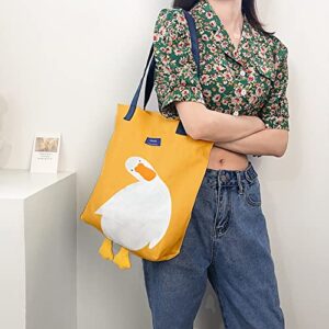 MEETPET Cute Canvas Tote Bag for Women and Teen Girls, Reusable Cotton Cloth Bag for Lunch Grocery School Shopping and Beach (Shoulder Carry Yellow Duck)