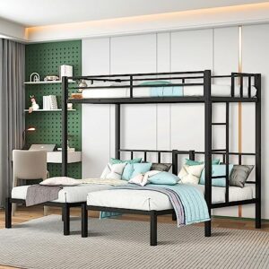 emkk triple bunk beds with built-in ladder, twin size metal bunkbeds w/ladders and full-length guardrails for kids, boys, girls, teens, divided into 3 separate beds,metal bunkbed for 3