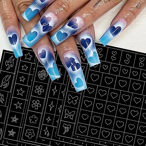 6 Sheets Airbrush Stencils Nail Stickers,3D Hollow Butterfly Flame Four Pointed Stars Heart Star Nail Decals Printing Template Stencil Tool for Women DIY Nail Art Supplies Nail Design Nail Decorations