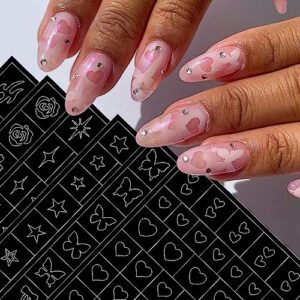 6 Sheets Airbrush Stencils Nail Stickers,3D Hollow Butterfly Flame Four Pointed Stars Heart Star Nail Decals Printing Template Stencil Tool for Women DIY Nail Art Supplies Nail Design Nail Decorations