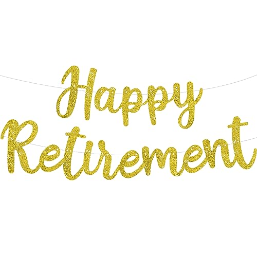 BEISHIDA Gold Glitter Happy Retirement Banner -NO DIY, Pre-Strung Happy Retirement Banner Decoration for Women&Man, Party Supplies for Retirement