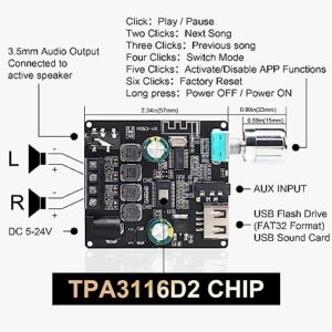 C50HS Bluetooth Amplifier Board TPA3116D2 HiFi Chip 12-24V DC Input,Support USB Sound Card/USB Flash, AUX, Bluetooth Multiple Input Modes (C50HS with 12V/5A DC Power Adapter)