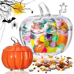 dandat 2 pcs halloween glass pumpkin jar with lid 2 sizes halloween candy bowl cute snack jar crystal candy dish for home decoration fall thanksgiving centerpieces wedding party, clear and orange