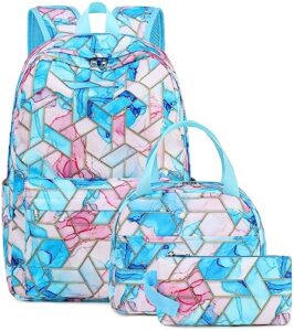 bluboon teen girls school backpack kids bookbag set with lunch box pencil case travel laptop backpack casual daypacks (marble pink purple blue)