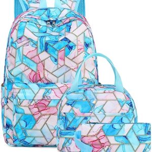 Bluboon Teen Girls School Backpack Kids Bookbag Set with Lunch Box Pencil Case Travel Laptop Backpack Casual Daypacks (Marble pink purple blue)