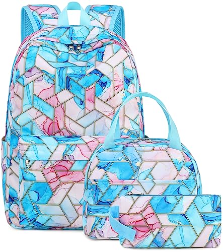 Bluboon Teen Girls School Backpack Kids Bookbag Set with Lunch Box Pencil Case Travel Laptop Backpack Casual Daypacks (Marble pink purple blue)