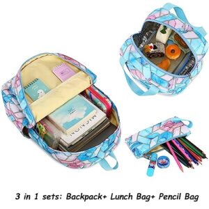 Bluboon Teen Girls School Backpack Kids Bookbag Set with Lunch Box Pencil Case Travel Laptop Backpack Casual Daypacks (Marble pink purple blue)