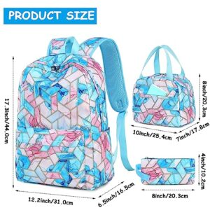 Bluboon Teen Girls School Backpack Kids Bookbag Set with Lunch Box Pencil Case Travel Laptop Backpack Casual Daypacks (Marble pink purple blue)