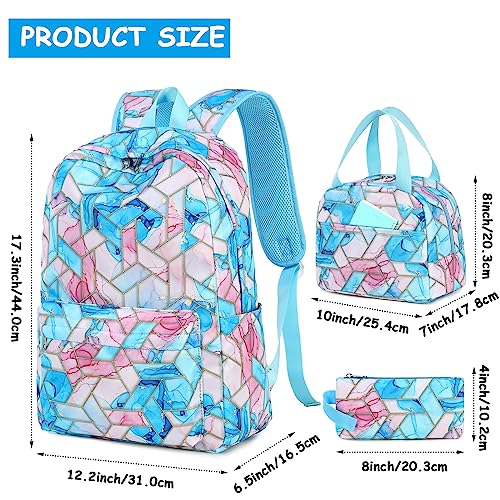 Bluboon Teen Girls School Backpack Kids Bookbag Set with Lunch Box Pencil Case Travel Laptop Backpack Casual Daypacks (Marble pink purple blue)