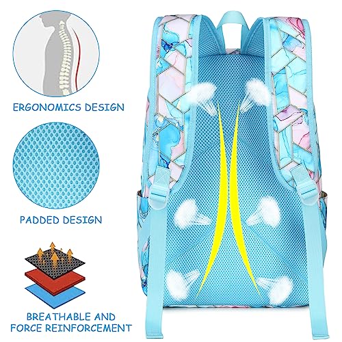 Bluboon Teen Girls School Backpack Kids Bookbag Set with Lunch Box Pencil Case Travel Laptop Backpack Casual Daypacks (Marble pink purple blue)