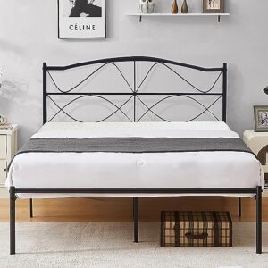 vecelo queen size bed frame, metal bed platform with headboard, sturdy steel slats support, no box spring needed/noise-free,easy assembly, black