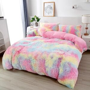 perfemet pink faux fur fluffy comforter twin 3-piece colorful rainbow plush shaggy bedding sets for girls tie dye fuzzy furry comforter set(pink, twin)