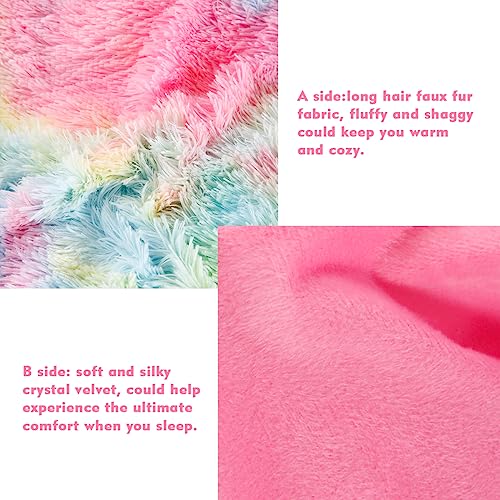 PERFEMET Pink Faux Fur Fluffy Comforter Twin 3-Piece Colorful Rainbow Plush Shaggy Bedding Sets for Girls Tie Dye Fuzzy Furry Comforter Set(Pink, Twin)