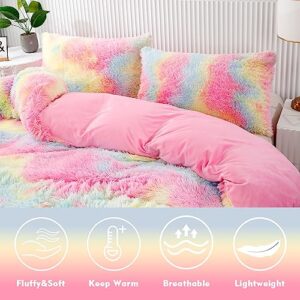 PERFEMET Pink Faux Fur Fluffy Comforter Twin 3-Piece Colorful Rainbow Plush Shaggy Bedding Sets for Girls Tie Dye Fuzzy Furry Comforter Set(Pink, Twin)