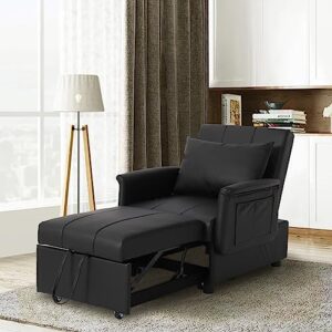 oprisen sleeper chair bed 3-in-1 convertible chair bed pull out sofa bed w/adjustable backrest faux leather chaise lounge sofa bed couch for small space w/side pockets (pu-black)