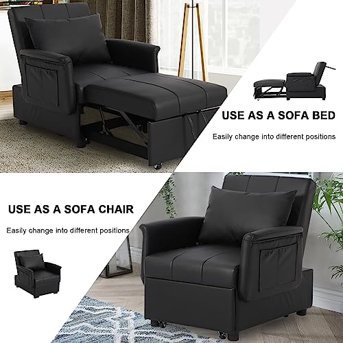 Oprisen Sleeper Chair Bed 3-in-1 Convertible Chair Bed Pull Out Sofa Bed w/Adjustable Backrest Faux Leather Chaise Lounge Sofa Bed Couch for Small Space w/Side Pockets (PU-Black)