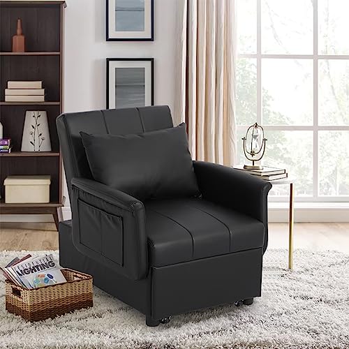 Oprisen Sleeper Chair Bed 3-in-1 Convertible Chair Bed Pull Out Sofa Bed w/Adjustable Backrest Faux Leather Chaise Lounge Sofa Bed Couch for Small Space w/Side Pockets (PU-Black)