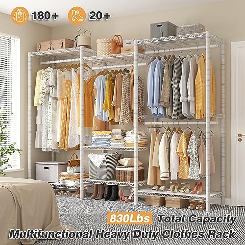 Raybee White Clothing Rack, Heavy Duty Clothes Rack Load 830Lbs, Clothes Racks for Hanging Clothes Rack, Metal Freestanding Closet Wardrobe Rack, Garment Rack Heavy Duty Clothing Rack,77"H x69"W x16"D