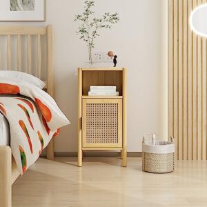 inmozata bamboo nightstand 1 door cabinet, rattan bedside tables with open shelf, natural rattan nightstand for bedroom