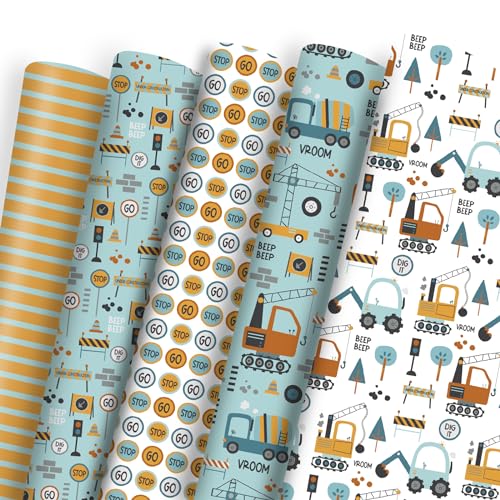 Dtiafu Construction Wrapping Paper - Birthday Gift Wrap Paper Bulk Folded Flat With Truck Tractor Traffic Signs Patterns for Boys Kids Baby - 20inch x 28inch Per Sheet(10 Sheets)