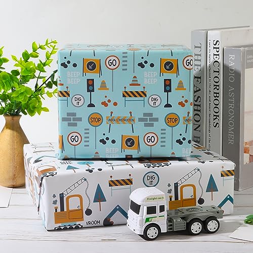 Dtiafu Construction Wrapping Paper - Birthday Gift Wrap Paper Bulk Folded Flat With Truck Tractor Traffic Signs Patterns for Boys Kids Baby - 20inch x 28inch Per Sheet(10 Sheets)