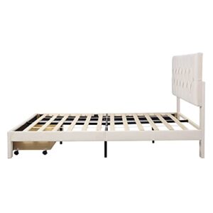 Lifeand Queen Size Storage Bed Velvet Upholstered Platform Bed with a Big Drawer - Beige