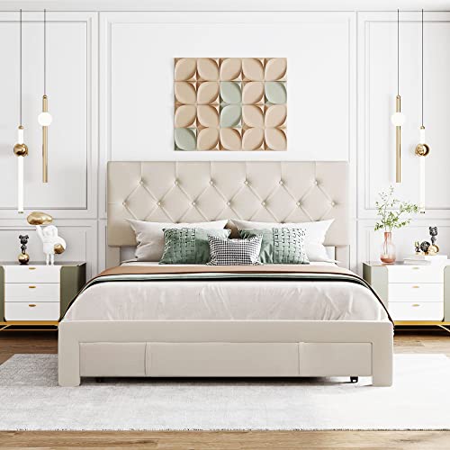 Lifeand Queen Size Storage Bed Velvet Upholstered Platform Bed with a Big Drawer - Beige