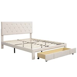 Lifeand Queen Size Storage Bed Velvet Upholstered Platform Bed with a Big Drawer - Beige