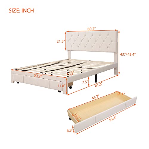 Lifeand Queen Size Storage Bed Velvet Upholstered Platform Bed with a Big Drawer - Beige