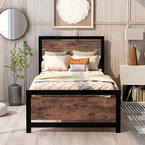 Lifeand Twin Size Platform Bed,Metal and Wood Bed Frame with Headboard and Footboard,No Box Spring Needed, Easy to Assemble(Black)