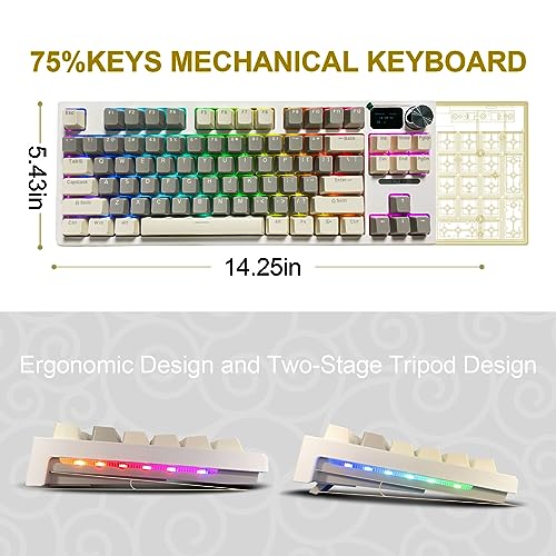 SHOWKINGS 75% Mechanical Keyboard, BT5.0/2.4G/USB-C Hot Swappable Gaming Keyboard with 87 Keys Programmable Buttons for Windows and Mac OS Systems-Customized Sea Air Switch(Grey-White)