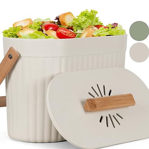 Odorless Counter Top Compost Bucket with Lid - Yatmung Small Kitchen Compost Bin Countertop - Narrow Sustainable Bamboo Composting Pail - Indoor Composter - Slim Food Waste Bin for Kitchen - Cream