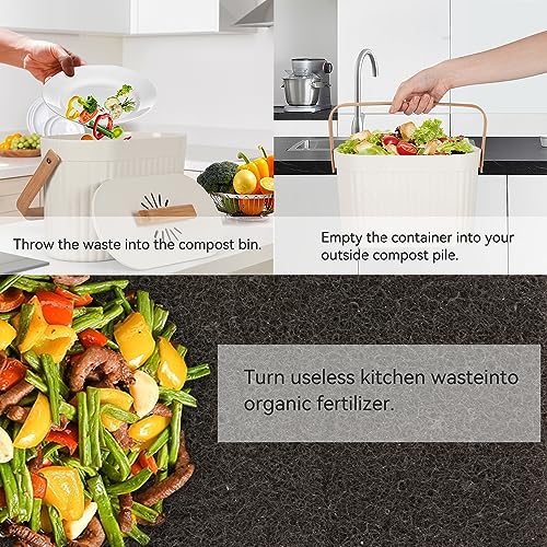 Odorless Counter Top Compost Bucket with Lid - Yatmung Small Kitchen Compost Bin Countertop - Narrow Sustainable Bamboo Composting Pail - Indoor Composter - Slim Food Waste Bin for Kitchen - Cream