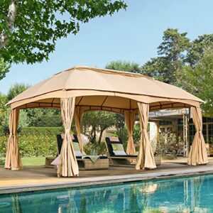 mellcom 12x20 patio gazebo, double soft-roof gazebo tent with curtains and netting, patio canopy for outdoor event, patio, lawn & garden, beige