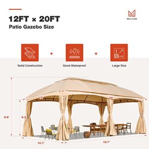 MELLCOM 12x20 Patio Gazebo, Double Soft-Roof Gazebo Tent with Curtains and Netting, Patio Canopy for Outdoor Event, Patio, Lawn & Garden, Beige