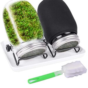 Complete Sprouting Jar Kit | 2 Wide Mouth Mason Jars with 316 Stainless Steel Sprout Lids | Blackout Sleeves, Tray, and Stand Included | Perfect for Broccoli, Alfalfa, and More